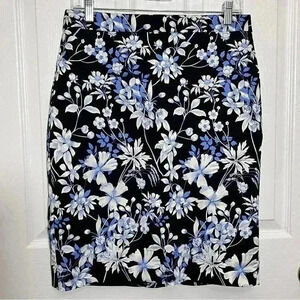TALBOTS Black Blue and White Sateen Garden Floral Pencil Skirt | size 8